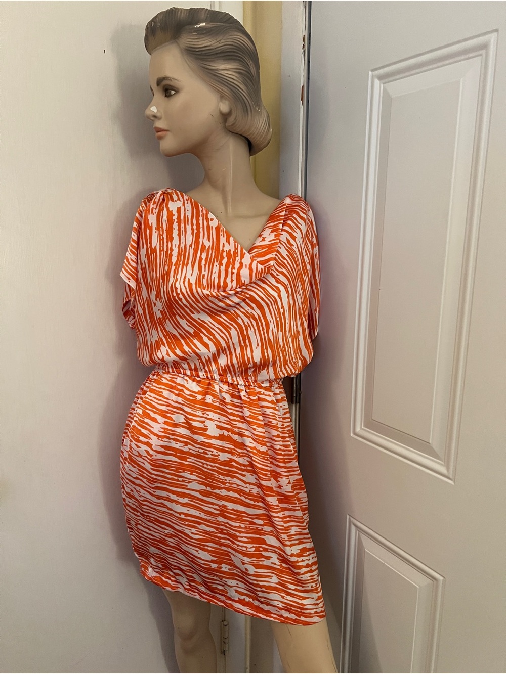 B Darlin Orange and White Printed V-Neck Mini Dress